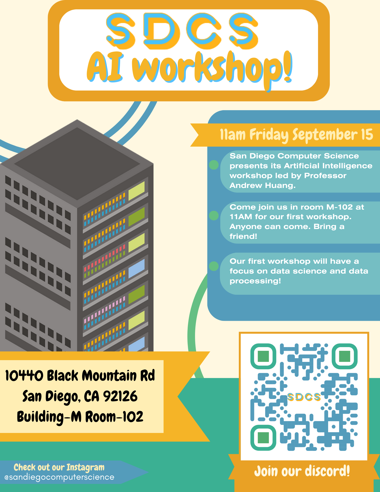 A poster featuring SDCS' AI workshop on 15 September 2023
